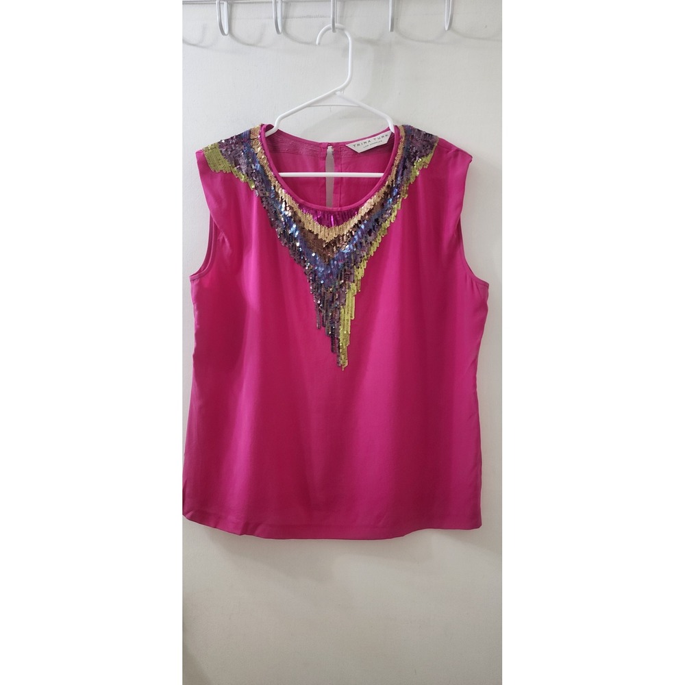 Trina Turk Pink 100% Silk Sequin Bib Sleeveless‎ Blouse Top R291209 Womens L